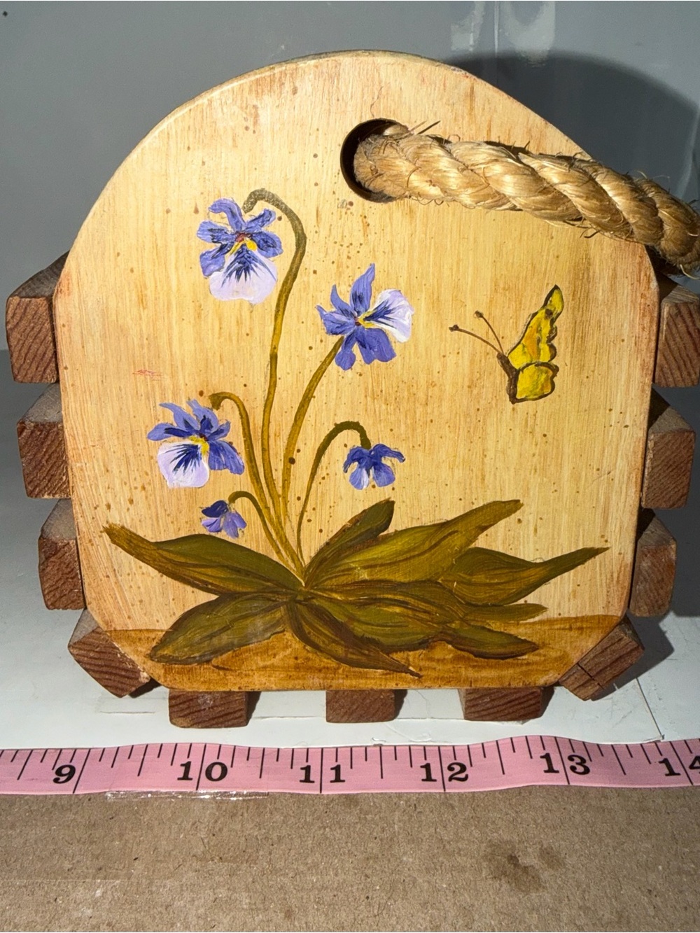 Vintage Hand-Painted Wooden Slat Caddy Box w/ Rope Handle